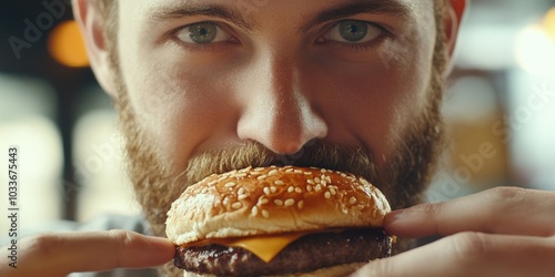 Bearded Man Enjoying a Gourmet Burger