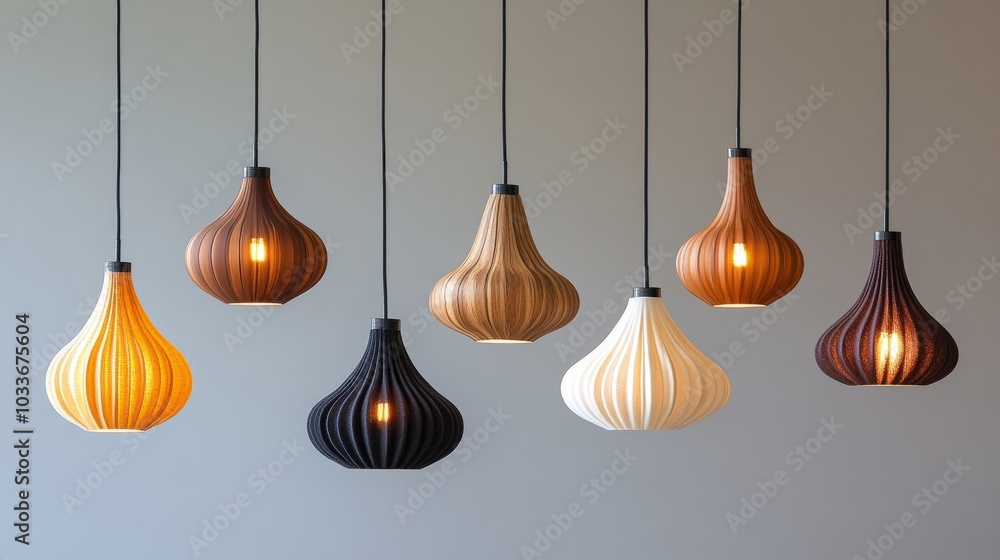 Cluster of pendant lights in warm tones, blending wood finishes, hammered metal, and pleated fabric. Cluster of pendant lights in warm tones, blending wood finishes, hammered metal, and pleated fabric.