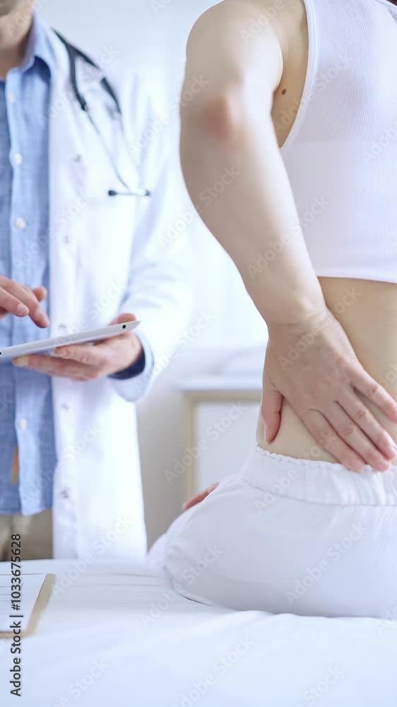 Doctor and patient. Physician is tablet computer while patient woman is describing something. Pediatrition in medicine
