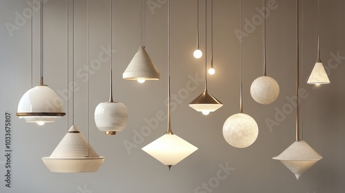 Collection of trendy lighting fixtures in PNG format, showcasing sleek pendants, sculptural lamps, and minimalist chandeliers.