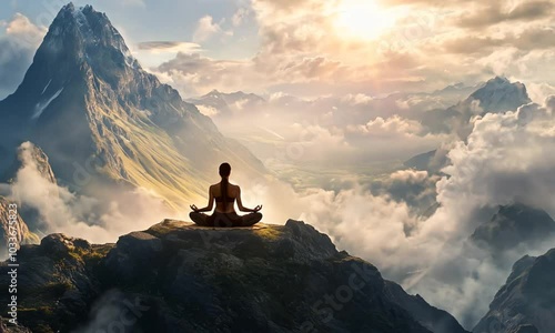 A woman meditates in the lotus position on top of a mountain. Yoga, calm, mountains, clouds.
