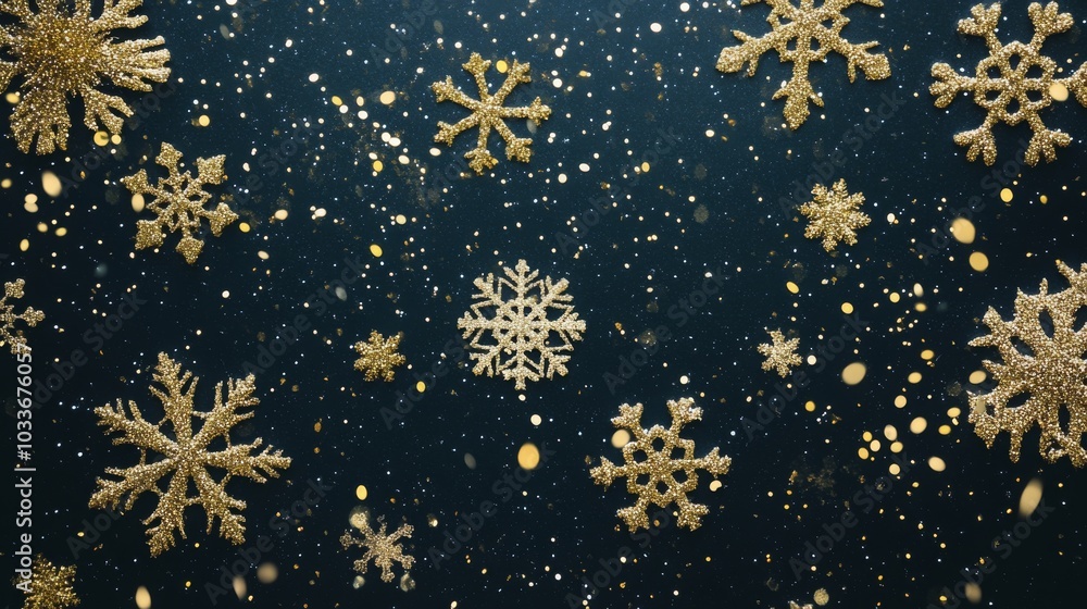 Elegant Golden Snowflakes Pattern, Sparkling Winter Holiday Background, Festive Glittery Snow Design Elegant Golden Snowflakes Pattern, Sparkling Winter Holiday Background, Festive Glittery Snow Design