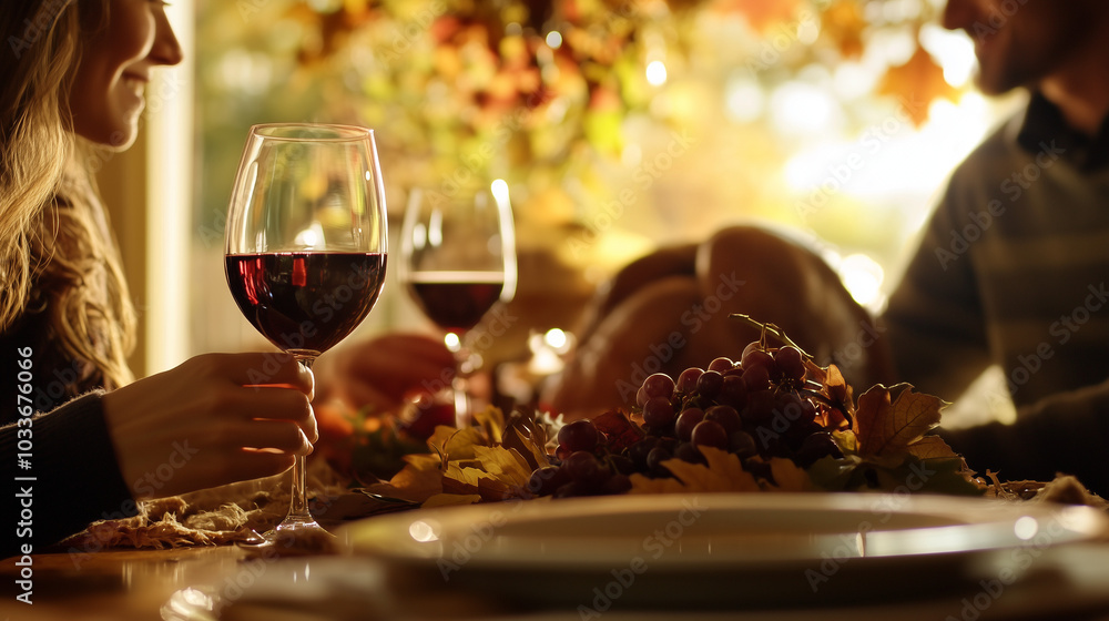 Obraz premium Cozy Thanksgiving Dinner with Wine and Warm Atmosphere
