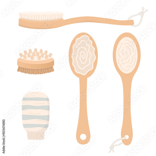 Brushes and washcloth for massage, peeling, bath. Beauty, self-care, sauna tools. Cartoon vector flat illustration. 