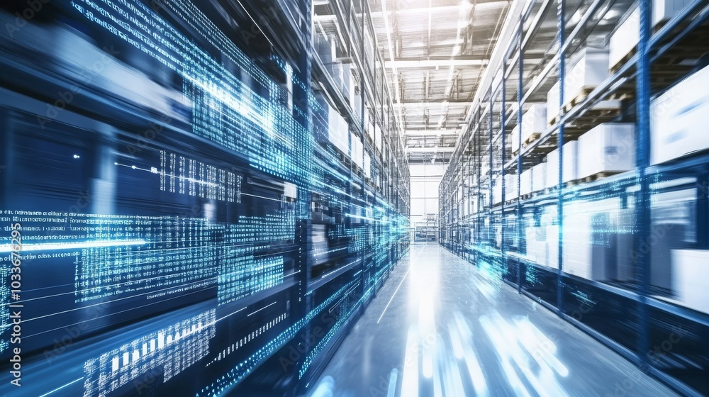 Abstract Digital Warehouse, Blue Lights High Tech, Modern Storage, Futuristic Data, Technology Abstract Digital Warehouse, Blue Lights High Tech, Modern Storage, Futuristic Data, Technology