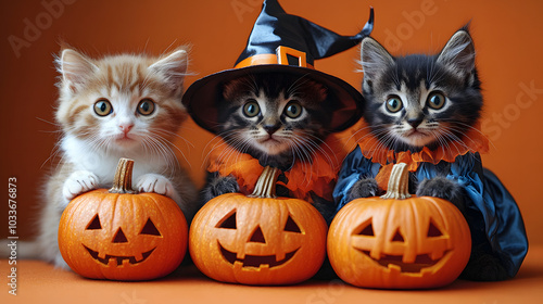 Three Adorable Cats Dressed in Halloween Costumes, Perfectly Capturing the Playful Spirit of the Holiday. Ideal for Celebrating Halloween with Fun and Whimsy, These Feline Friends are Ready for Trick-