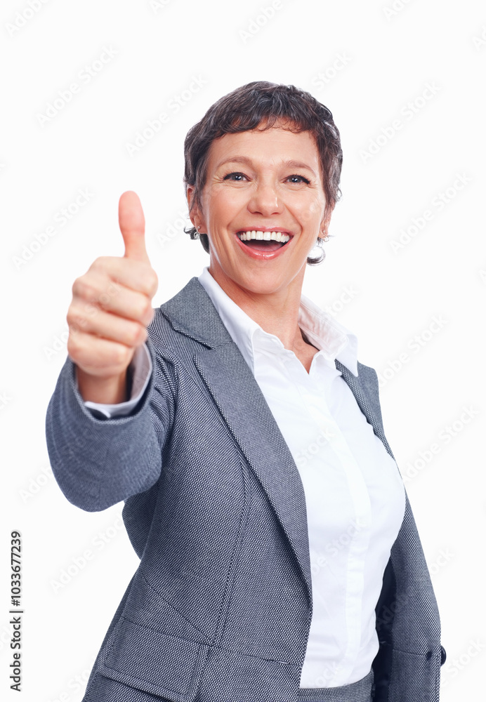 Laugh, thumbs up and portrait of business woman with emoji for success, win or excited. Face, mature manager and like hand gesture for celebration, victory or goal on white studio background in USA Laugh, thumbs up and portrait of business woman with emoji for success, win or excited. Face, mature manager and like hand gesture for celebration, victory or goal on white studio background in USA