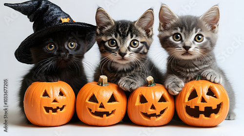 Three Adorable Cats Dressed in Halloween Costumes, Perfectly Capturing the Playful Spirit of the Holiday. Ideal for Celebrating Halloween with Fun and Whimsy, These Feline Friends are Ready for Trick-