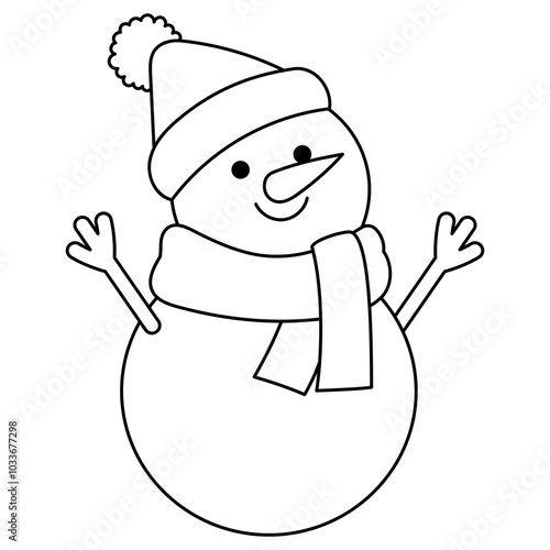smiling snowman wearing winter hat and scarf outline illustration