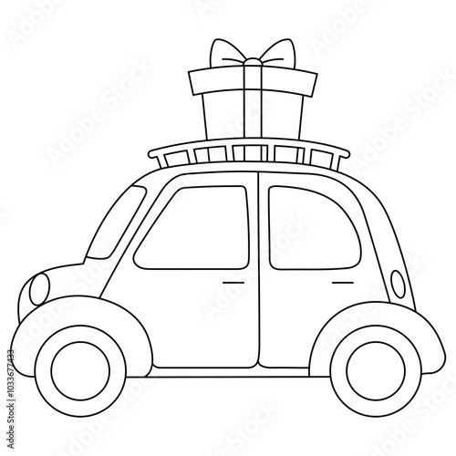 mini car with a christmas gift on the top outline illustration