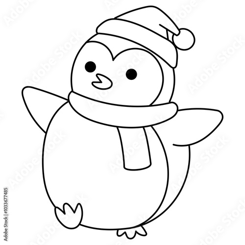 happy penguin wearing winter hat and scarf outline illustraion