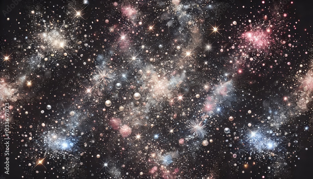 Obraz premium 暗い背景に広がるきらめくグリッターの構成で、輝く粒子や反射が星空のようなダイナミックで輝かしい効果を生み出しています。