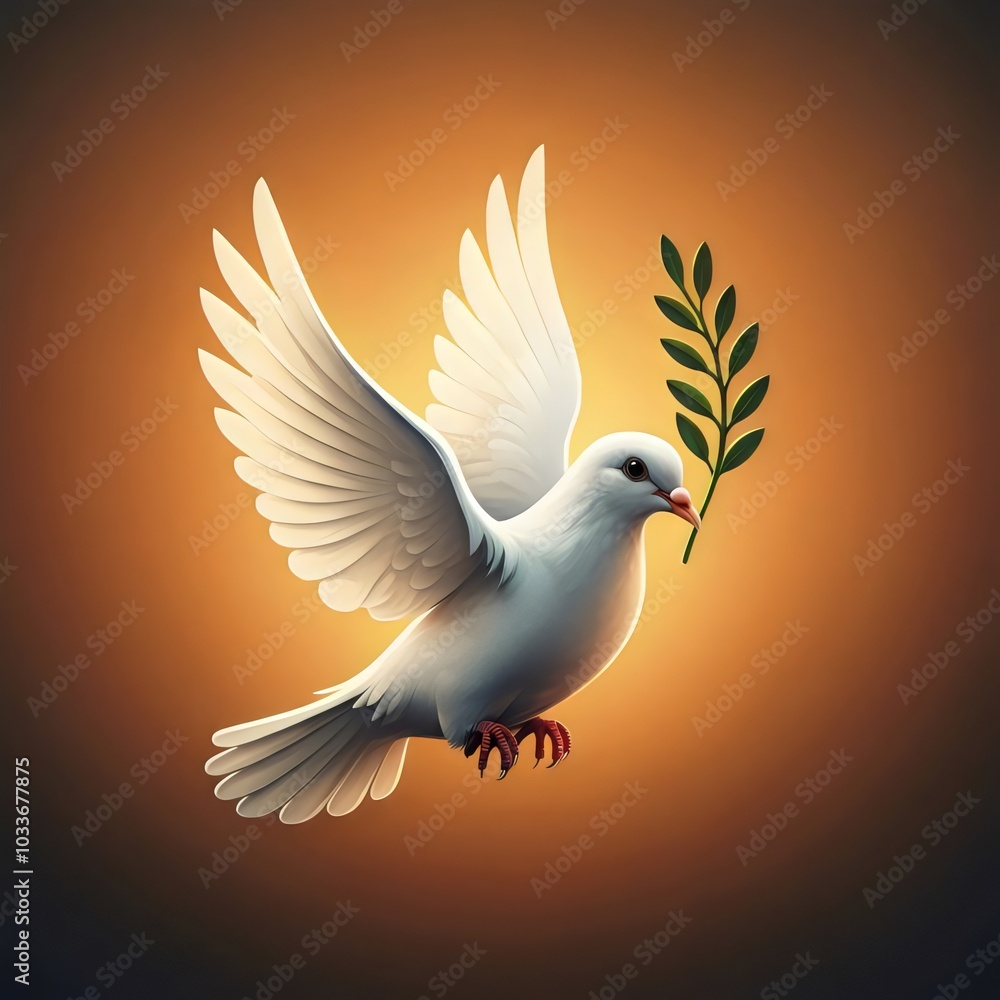 Obraz premium White dove with an olive branch. Isolated on an orange glowing and dark background.