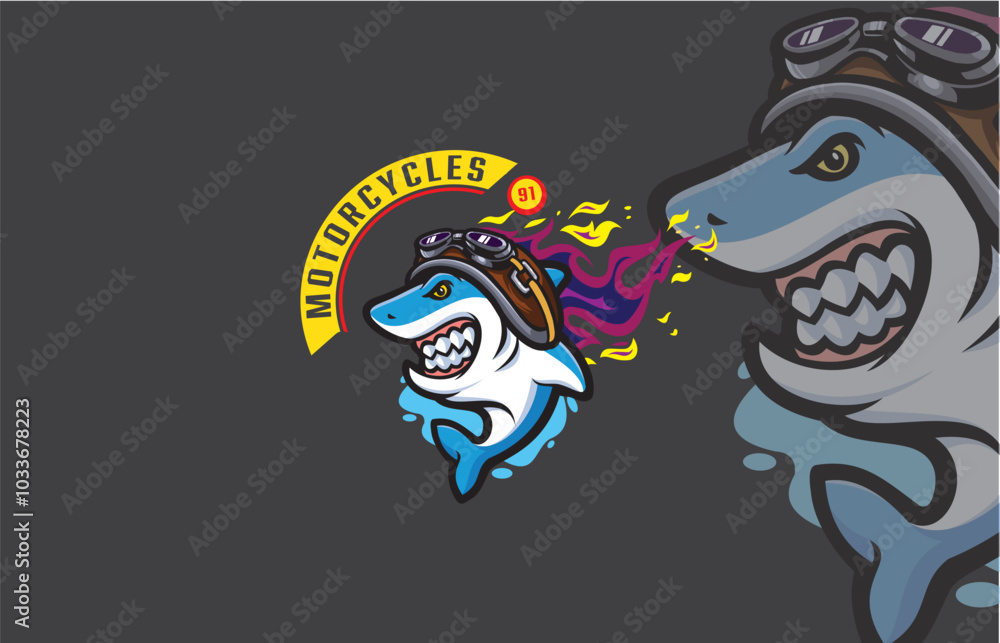 A fierce shark in aviator goggles, roaring, perfect for a motorcycle club logo. A fierce shark in aviator goggles, roaring, perfect for a motorcycle club logo.