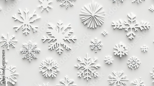 White snowflakes on a plain white or blue background, highlighting their unique symmetrical patterns. SEAMLESS PATTERN