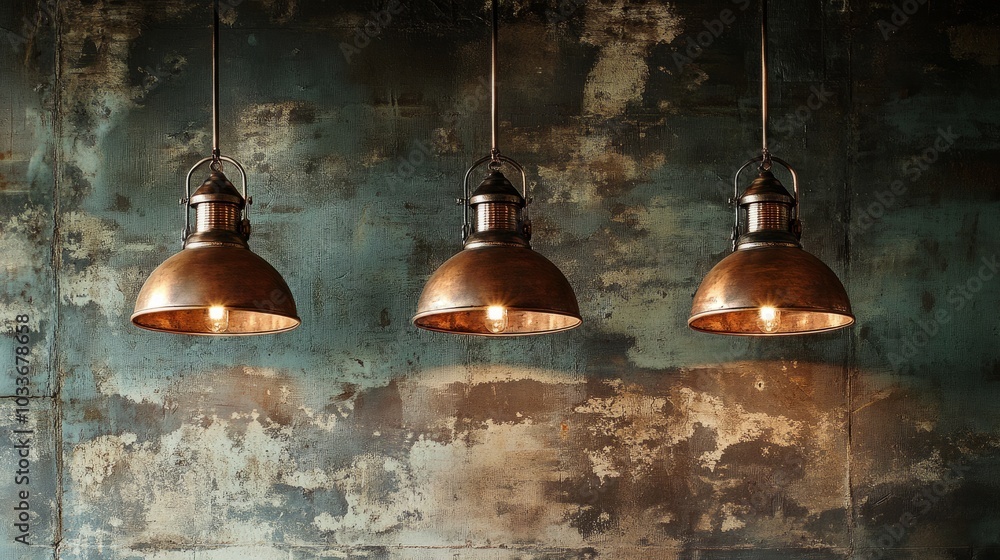 Obraz premium Set of three rustic copper pendant lights with a weathered wall behind, creating a warm, urban feel.