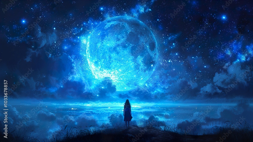 Night Sky with a Giant Blue Moon and a Woman Silhouette Night Sky with a Giant Blue Moon and a Woman Silhouette