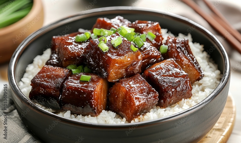 Glazed meat and rice in a bowl. Glazed meat and rice in a bowl.