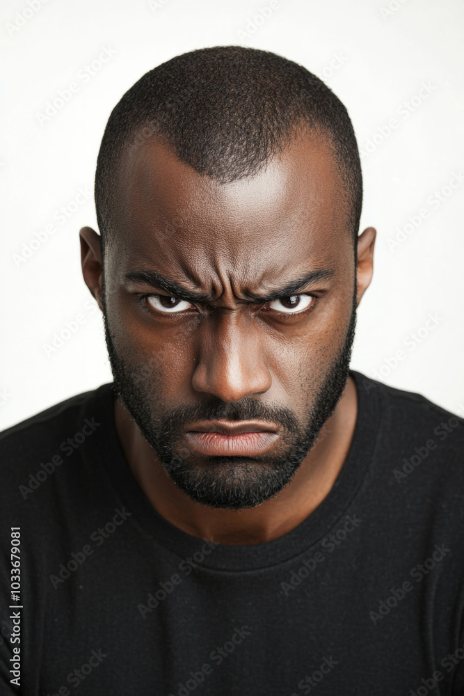 Obraz premium Portrait of an Angry Man in Black T-Shirt, Isolated on White Background, Frustration and Displeasure Concept