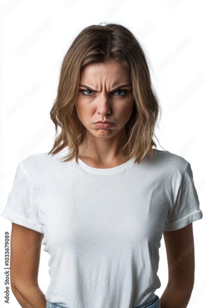 Portrait of an Angry Woman in a White T-Shirt with Arms Crossed, Isolated on White Background, Frustration and Displeasure Concept Portrait of an Angry Woman in a White T-Shirt with Arms Crossed, Isolated on White Background, Frustration and Displeasure Concept