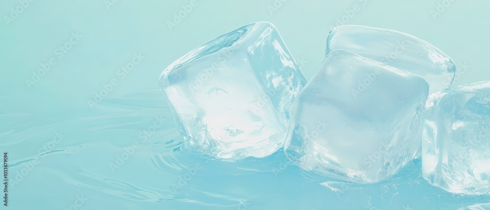 Obraz premium Ice cubes melting on a light blue surface. The ice cubes are transparent and slightly reflective, with smooth, rounded edges typical of partially melted ice. Generative AI