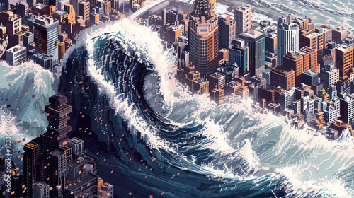 futuristic cityscape emerging from a giant wave, creating a surreal and visually striking image photo