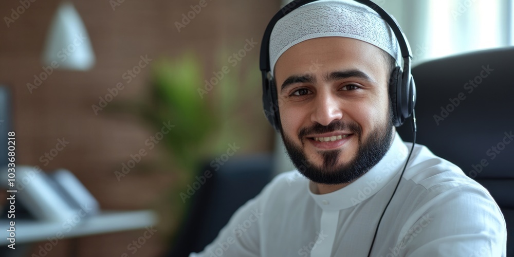 Professional Muslim Man with Headphones in Office Professional Muslim Man with Headphones in Office