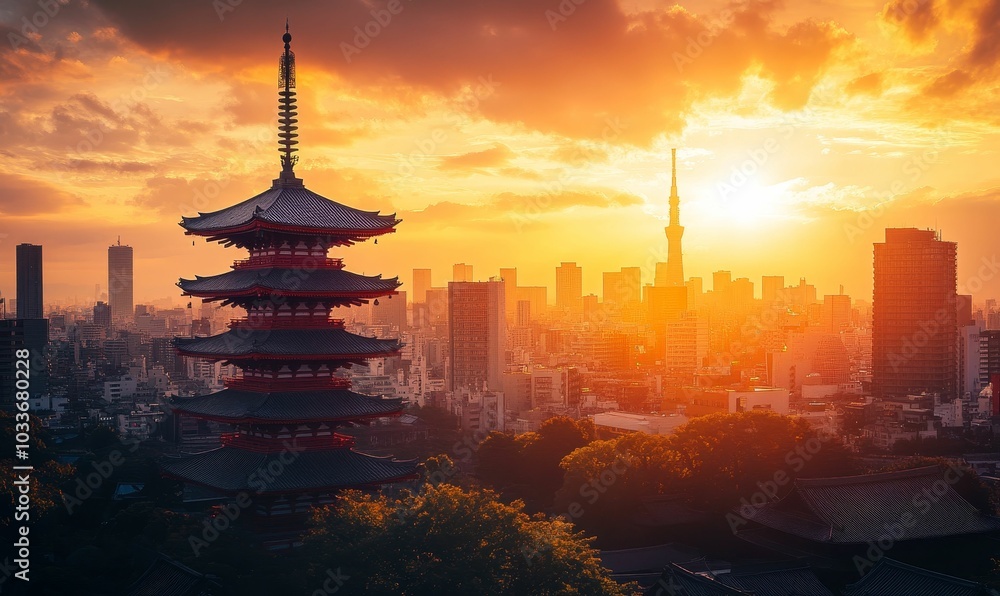 Sunset over Tokyo with pagoda and skyscrapers. Sunset over Tokyo with pagoda and skyscrapers.