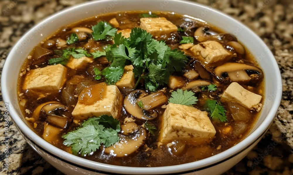 Tofu, mushrooms, and cilantro in a savory broth. Tofu, mushrooms, and cilantro in a savory broth.