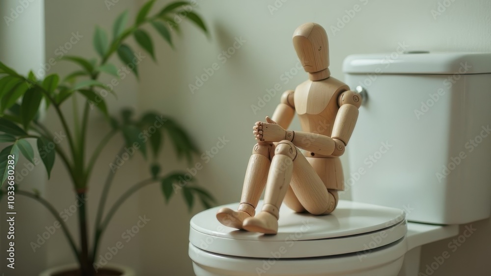 Wooden mannequin sitting on a toilet in a minimalist bathroom setting with green plants in the background Wooden mannequin sitting on a toilet in a minimalist bathroom setting with green plants in the background