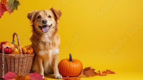 Happy dog surrounded by autumn leaves and pumpkins in a fall setting