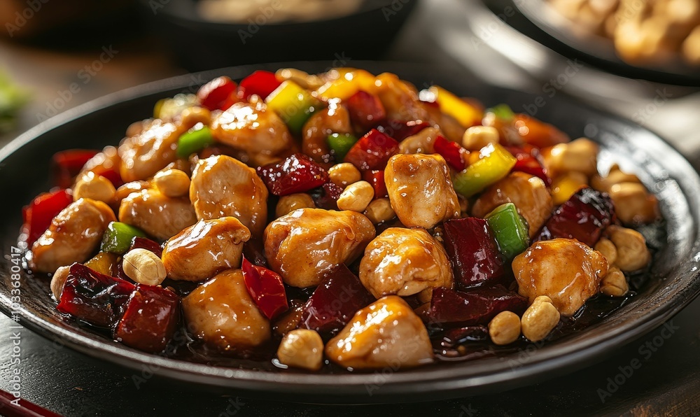 Chicken, peanuts, peppers, and sauce in a bowl. Chicken, peanuts, peppers, and sauce in a bowl.