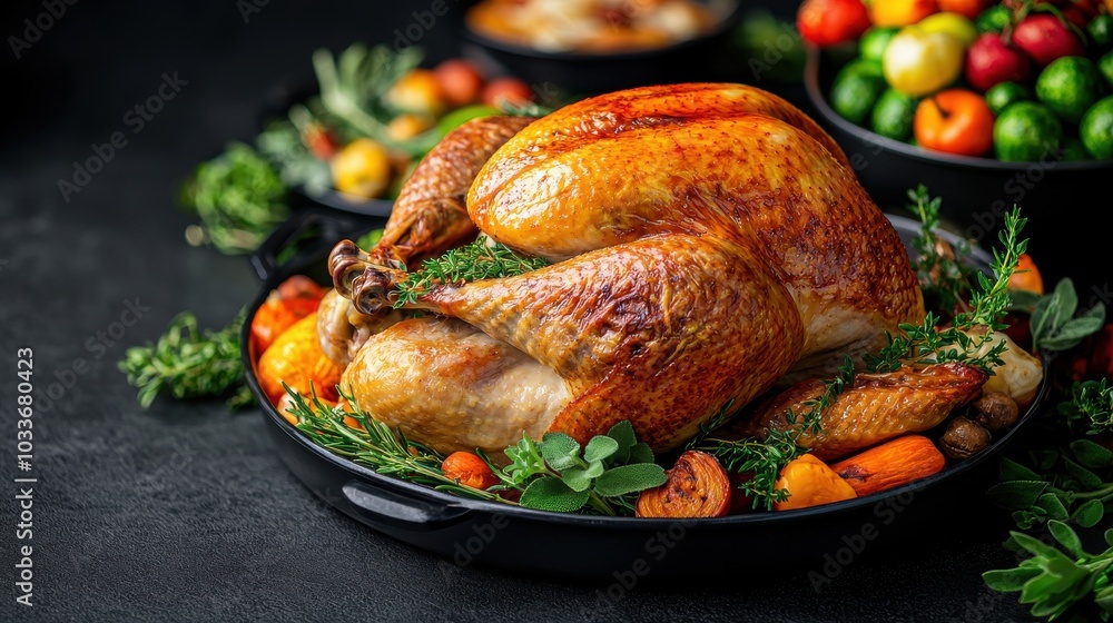 Succulent roasted turkey garnished with fresh herbs and seasonal vegetables, black platter. Succulent roasted turkey garnished with fresh herbs and seasonal vegetables, black platter.