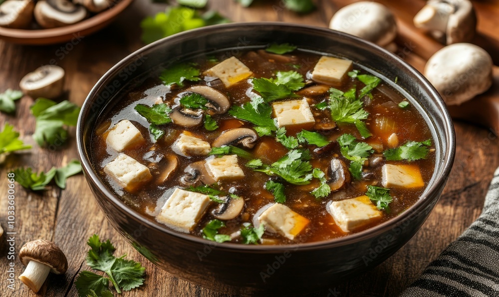 Mushroom and tofu soup in a bowl. Mushroom and tofu soup in a bowl.