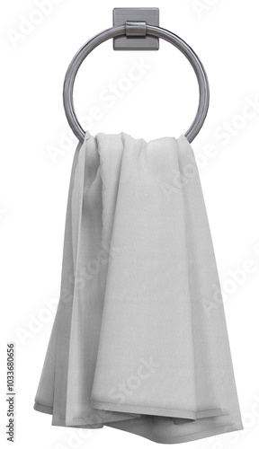 Towel mockup hanging on hanger and hook mockup for design, branding, advertising. Empty of fluffy isolated fabric for luxury hotel or hospital or perfumed towel in resort, spa, bathroom template photo