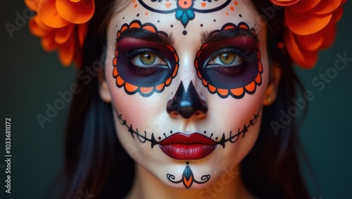 A young woman adorned with elaborate sugar skull makeup and floral accessories, celebrating Día de los Muertos in a vibrant atmosphere