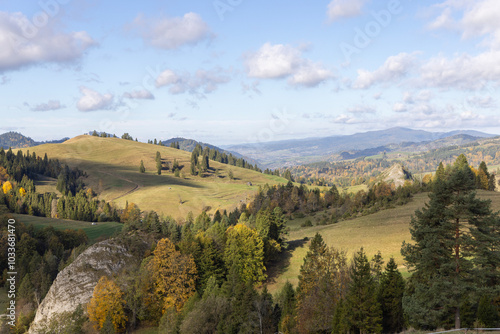 Picturesque view of the autumn landscape in the Pieniny Mountains, colorful leaves on the trees, Szczawnica, Poland photo