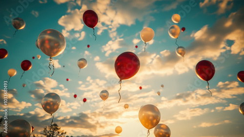 group of balloons floating in the sky, captured at golden hour.