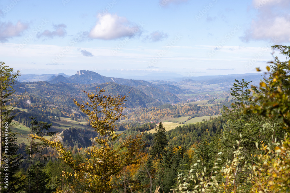 Panoramic view of the autumn landscape in Pieniny Mountains, Three Crowns Massif (Trzy Korony), Szczawnica, Poland