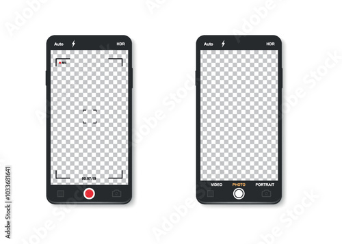 Smartphone Camera Interface: Viewfinder, Grid, Buttons, Lights, and Focus Controls in Mobile Photography Apps. Vector