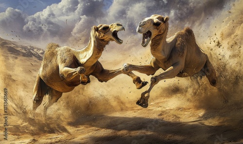 Two camels fighting in the desert. photo