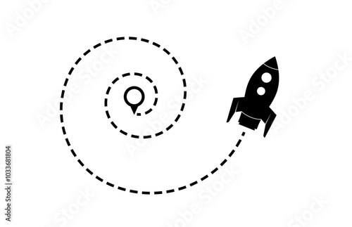 Abstract spaceship rocket icon, location pinpoint, spiral line vector graphic. Creative spacecraft transport design to use for business goal, technology, transport, science projects.