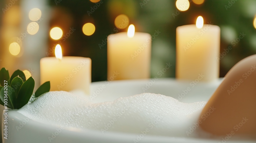 A soothing image of a bubble bath surrounded by glowing candles and greenery. The warm candlelight and bubbles create a relaxing and serene spa-like atmosphere, perfect for unwinding and self-care A soothing image of a bubble bath surrounded by glowing candles and greenery. The warm candlelight and bubbles create a relaxing and serene spa-like atmosphere, perfect for unwinding and self-care