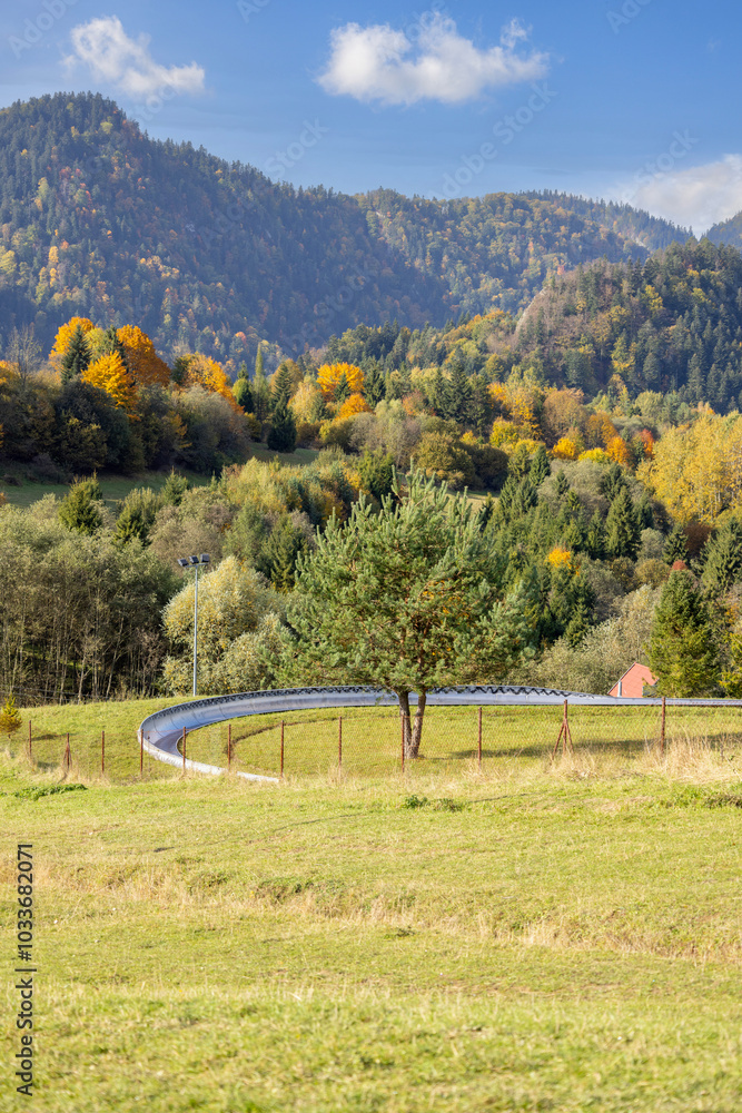 Picturesque view of the autumn landscape in the Pieniny Mountains, colorful leaves on the trees, Szczawnica, Poland