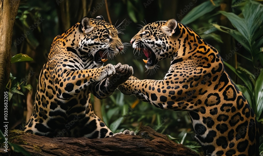 Naklejka premium Two jaguars face each other, snarling.