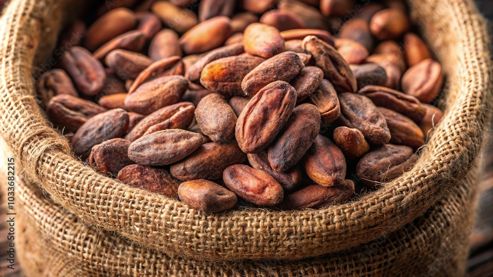 Extreme close-up of a bag of cocoa beans for making chocolate Extreme close-up of a bag of cocoa beans for making chocolate