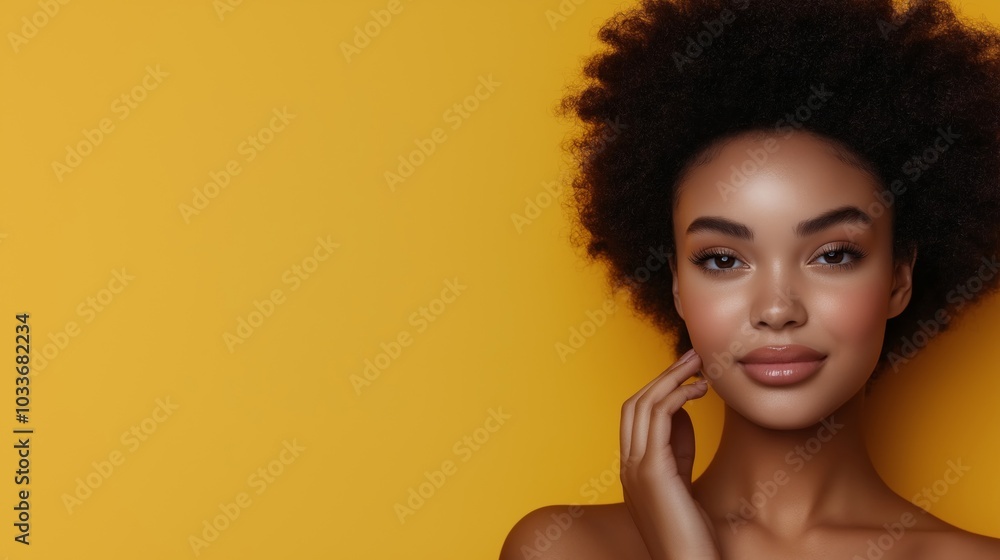 A beautiful woman with natural afro hair gently touching her face, glowing with healthy skin against a vibrant yellow background, exuding confidence and elegance A beautiful woman with natural afro hair gently touching her face, glowing with healthy skin against a vibrant yellow background, exuding confidence and elegance
