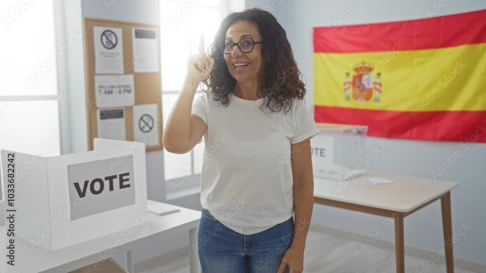 Middle age hispanic woman standing by vote ballot pointing finger up with successful idea – happy and successful number one at spanish electoral college Middle age hispanic woman standing by vote ballot pointing finger up with successful idea – happy and successful number one at spanish electoral college