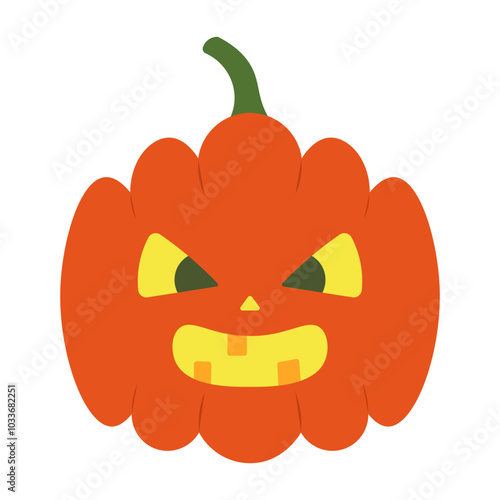 Pumpkin. Toothy grimace. Orange vegetable. Color vector illustration. Isolated white background. Flat style. Angry expression with bared teeth. Halloween symbol. Idea for web design.