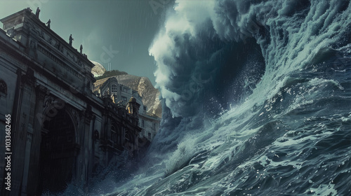 powerful ocean wave threatens to engulf a historic city, creating a sense of impending doom photo